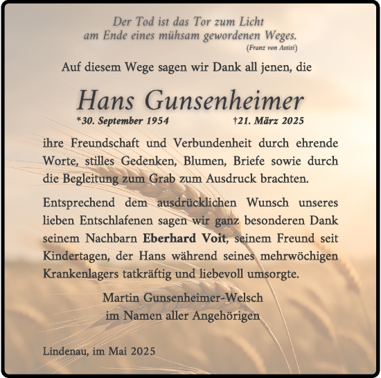 Traueranzeige von Hans Gunsenheimer von Südthüringer Presse