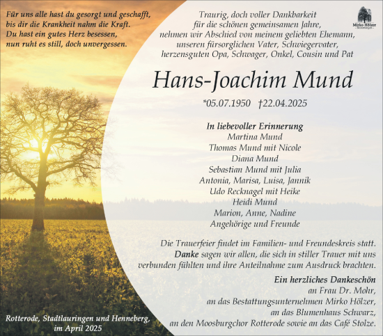 Traueranzeige von Hans-Joachim Mund von Südthüringer Presse