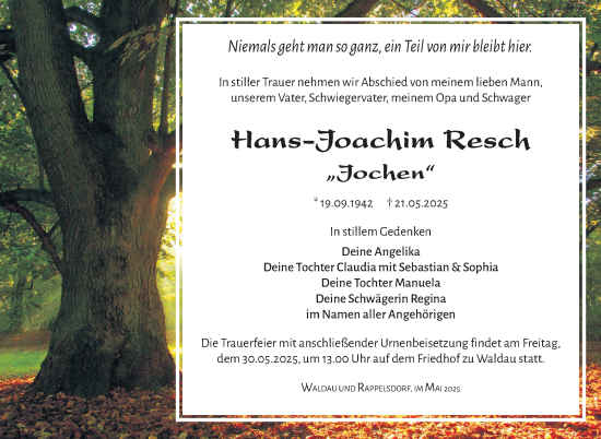 Traueranzeige von Hans-Joachim Resch von Südthüringer Presse