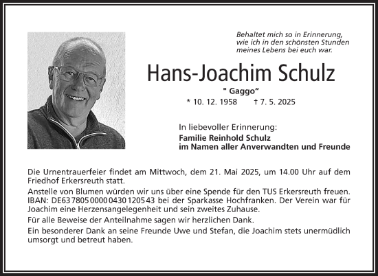 Traueranzeige von Hans-Joachim Schulz von Frankenpost