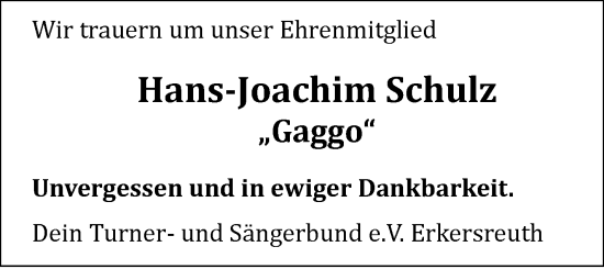 Traueranzeige von Hans-Joachim Schulz von Frankenpost