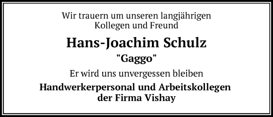 Traueranzeige von Hans-Joachim Schulz von Frankenpost