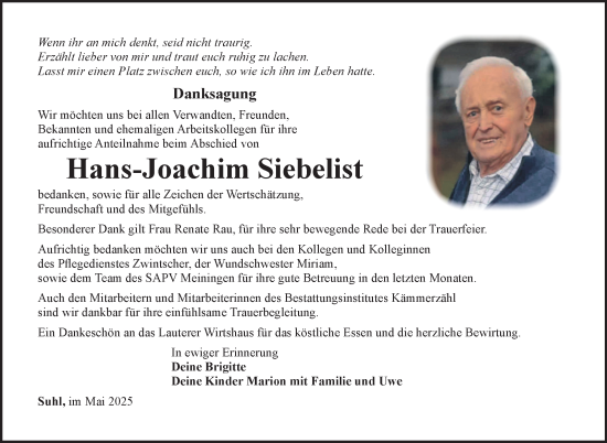 Traueranzeige von Hans-Joachim Siebelist von Südthüringer Presse