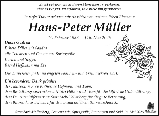Traueranzeige von Hans-Peter Müller von Südthüringer Presse