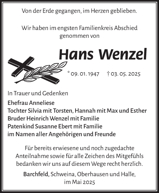 Traueranzeige von Hans Wenzel von Südthüringer Presse