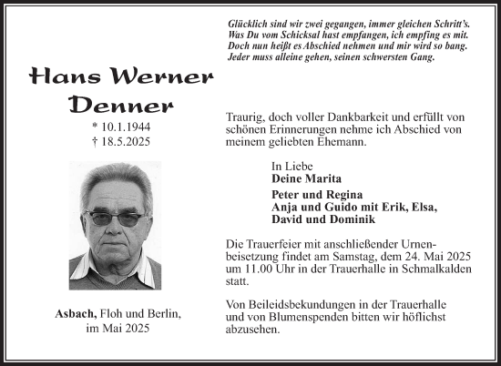 Traueranzeige von Hans Werner Denner von Südthüringer Presse