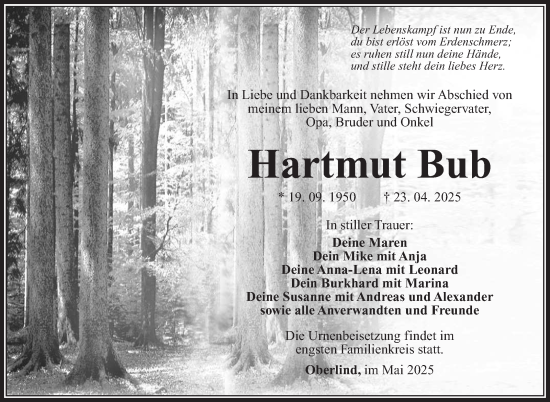 Traueranzeige von Hartmut Bub von Südthüringer Presse