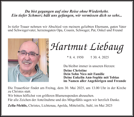 Traueranzeige von Hartmut Liebaug von Südthüringer Presse