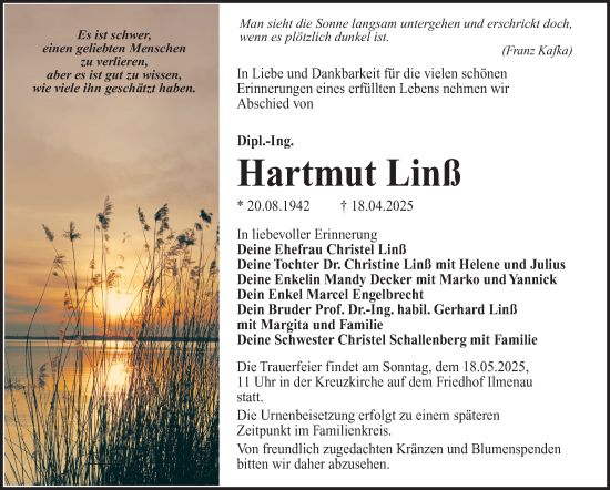 Traueranzeige von Hartmut Linß von Südthüringer Presse
