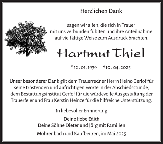 Traueranzeige von Hartmut Thiel von Südthüringer Presse