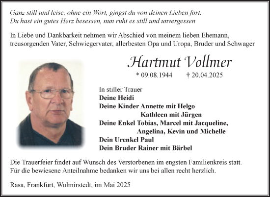 Traueranzeige von Hartmut Vollmer von Südthüringer Presse