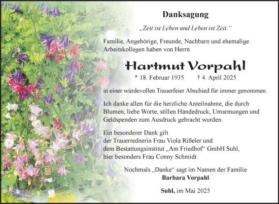 Traueranzeige von Hartmut Vorpahl von Südthüringer Presse