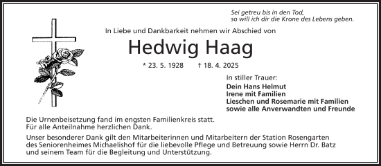Traueranzeige von Hedwig Haag von Frankenpost