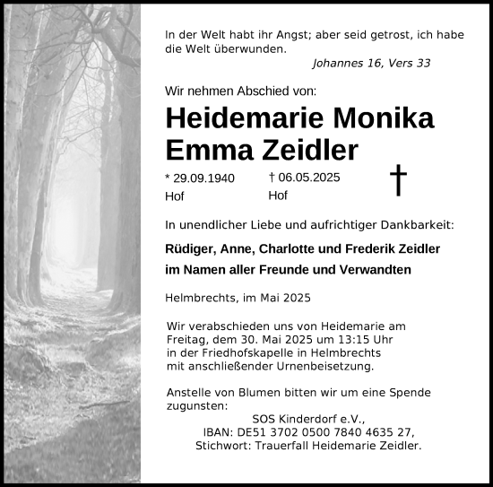 Traueranzeige von Heidemarie Monika Zeidler von Frankenpost