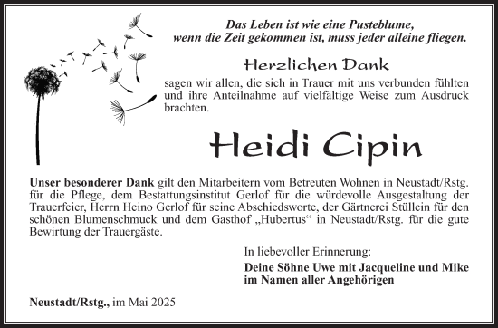 Traueranzeige von Heidi Cipin von Südthüringer Presse