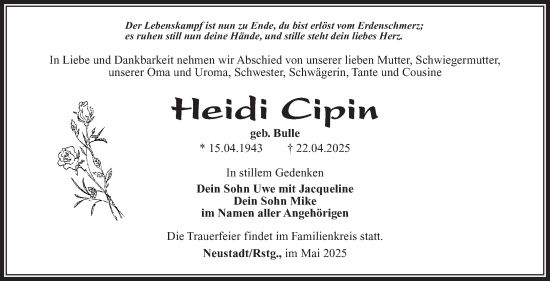 Traueranzeige von Heidi Cipin von Südthüringer Presse