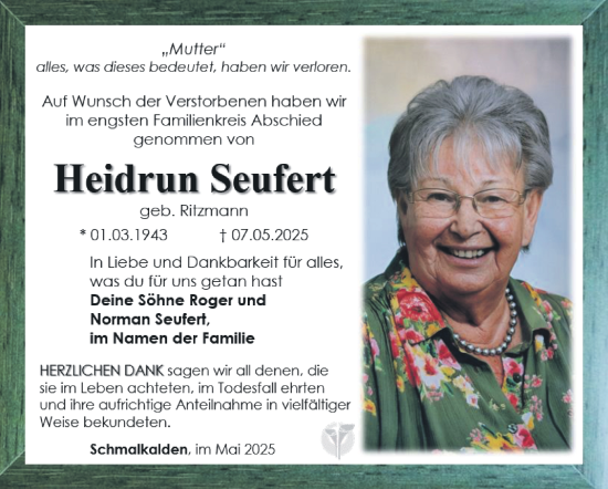 Traueranzeige von Heidrun Seufert von Südthüringer Presse