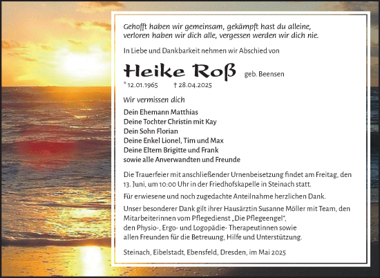 Traueranzeige von Heike Roß von Südthüringer Presse