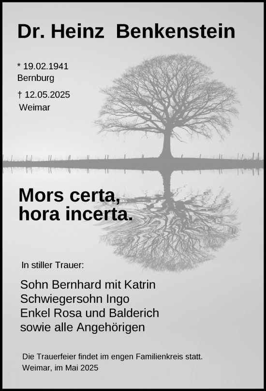 Traueranzeige von Heinz Benkenstein von Südthüringer Presse