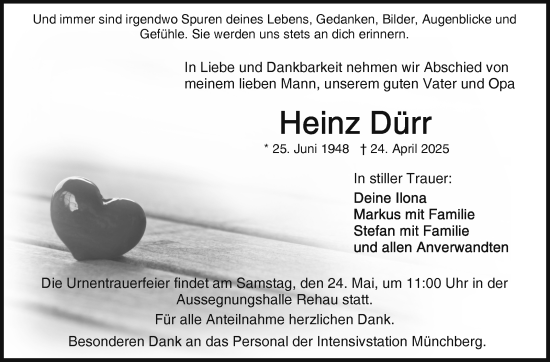 Traueranzeige von Heinz Dürr von Frankenpost