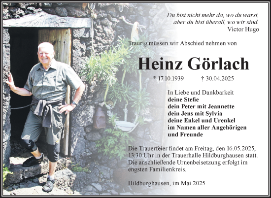 Traueranzeige von Heinz Görlach von Südthüringer Presse