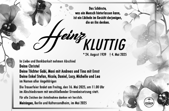 Traueranzeige von Heinz Kluttig von Südthüringer Presse