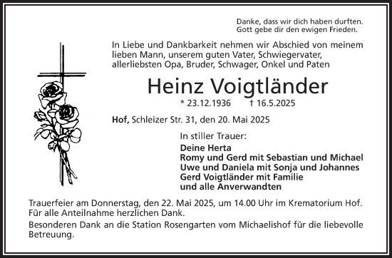 Traueranzeige von Heinz Voigtländer von Frankenpost