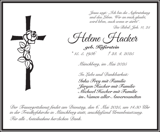 Traueranzeige von Helene Hacker von Frankenpost