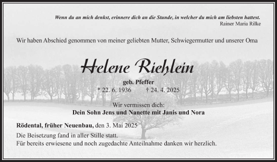 Traueranzeige von Helene Riehlein von Südthüringer Presse