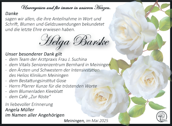 Traueranzeige von Helga Barske von Südthüringer Presse