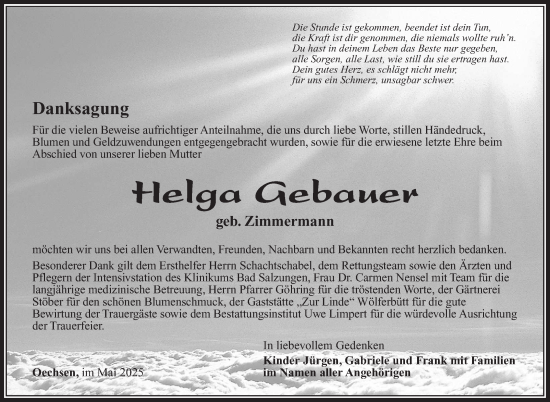 Traueranzeige von Helga Gebauer von Südthüringer Presse