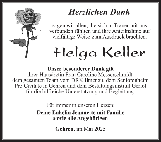 Traueranzeige von Helga Keller von Südthüringer Presse