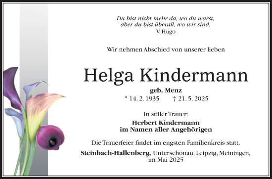 Traueranzeige von Helga Kindermann von Südthüringer Presse