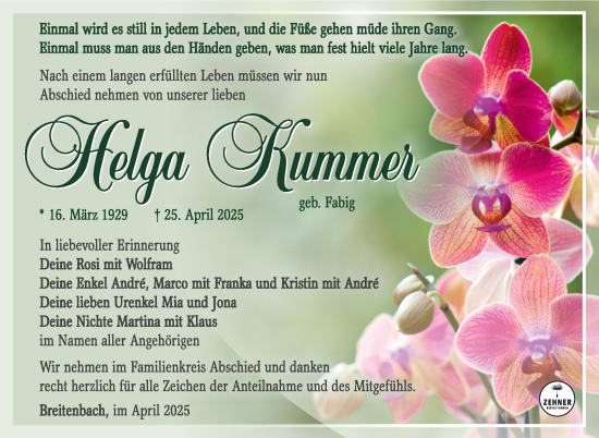 Traueranzeige von Helga Kummer von Südthüringer Presse