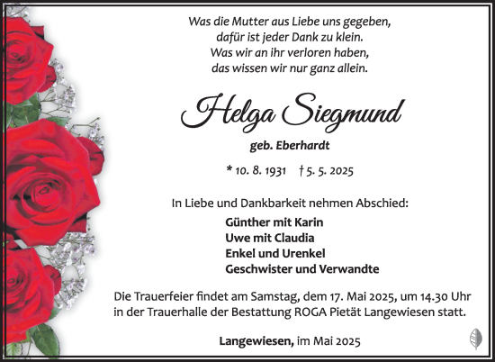 Traueranzeige von Helga Siegmund von Südthüringer Presse