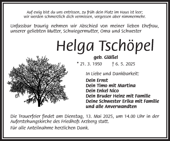 Traueranzeige von Helga Tschöpel von Frankenpost