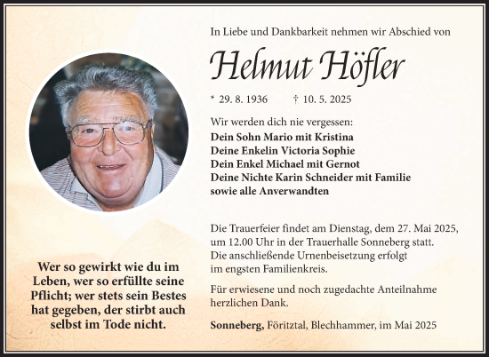 Traueranzeige von Helmut Höfler von Südthüringer Presse