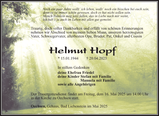 Traueranzeige von Helmut Hopf von Südthüringer Presse