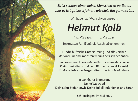 Traueranzeige von Helmut Kolb von Südthüringer Presse