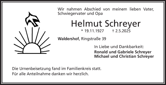 Traueranzeige von Helmut Schreyer von Frankenpost