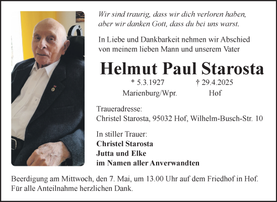 Traueranzeige von Helmut Paul Starosta von Frankenpost