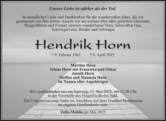 Traueranzeige von Hendrik Horn von Südthüringer Presse