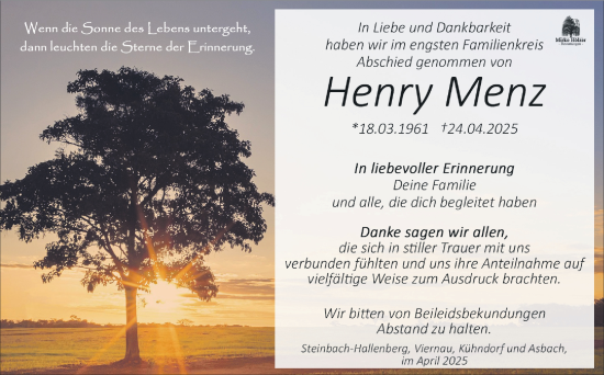 Traueranzeige von Henry Menz von Südthüringer Presse