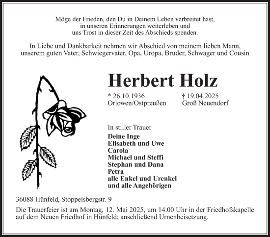 Traueranzeige von Herbert Holz von Südthüringer Presse