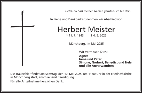 Traueranzeige von Herbert Meister von Frankenpost