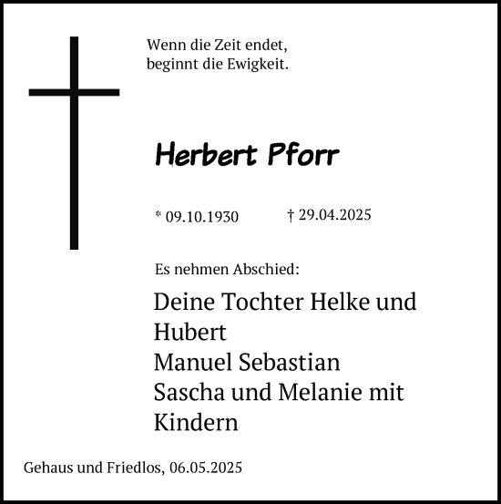 Traueranzeige von Herbert Pforr von Südthüringer Presse