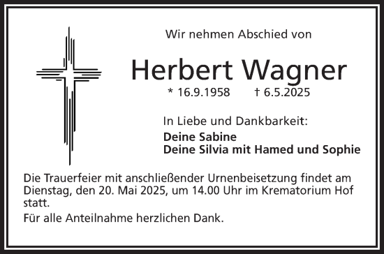 Traueranzeige von Herbert Wagner von Frankenpost