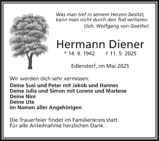 Traueranzeige von Hermann Diener von Frankenpost