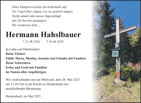 Traueranzeige von Hermann Hahslbauer von Südthüringer Presse