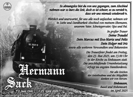 Traueranzeige von Hermann Sack von Südthüringer Presse